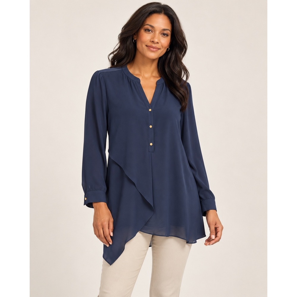 Joseph Ribkoff Navy Tunic Blouse Size 10 Asymmetrical Hem Gold Button Canada